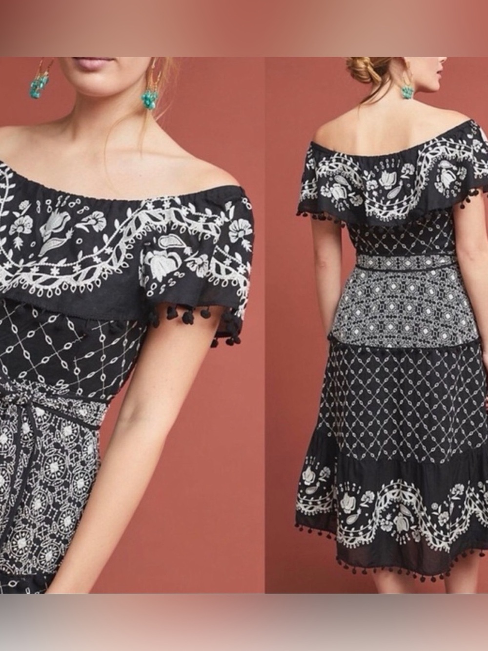 Anthropologie Embroidered Boho White Off-Shoulder Dress with Belt